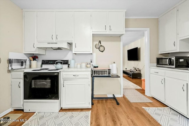 1109 Laurel Ave, Rockingham, NC 28379 - kitchen with white electric range, stainless steel microwave, under cabinet range hood, light wood-style floors, and light countertops
