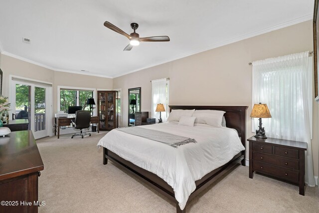 164 Firefly Dr, Wallace, NC 28466 - bedroom featuring light carpet, an office area, ornamental molding, access to exterior, and a ceiling fan