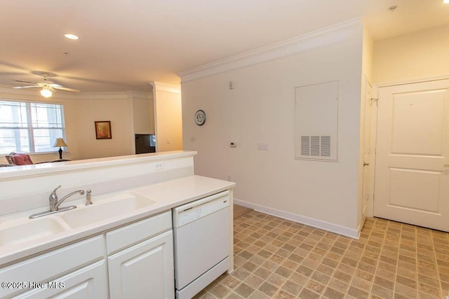 kitchen featuring dishwasher, a sink, ornamental molding, ceiling fan, and light flooring