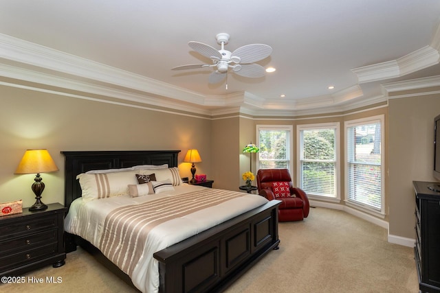 84 Deerwood Ln, Pinehurst, NC 28374 - bedroom featuring crown molding, baseboards, ceiling fan, and light carpet