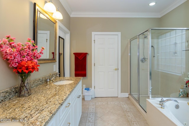 84 Deerwood Ln, Pinehurst, NC 28374 - bathroom with vanity, ornamental molding, tile patterned flooring, and a stall shower