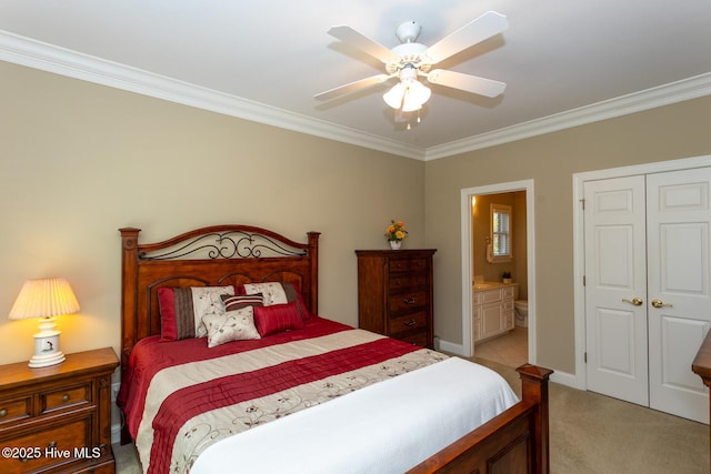 84 Deerwood Ln, Pinehurst, NC 28374 - bedroom featuring crown molding, a closet, light carpet, a ceiling fan, and ensuite bath