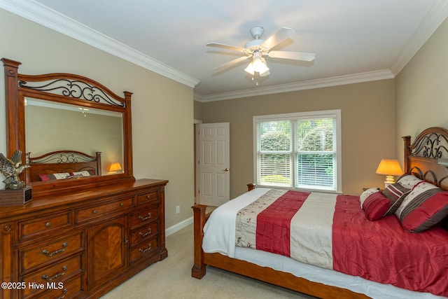 84 Deerwood Ln, Pinehurst, NC 28374 - bedroom featuring baseboards, ornamental molding, ceiling fan, and light colored carpet