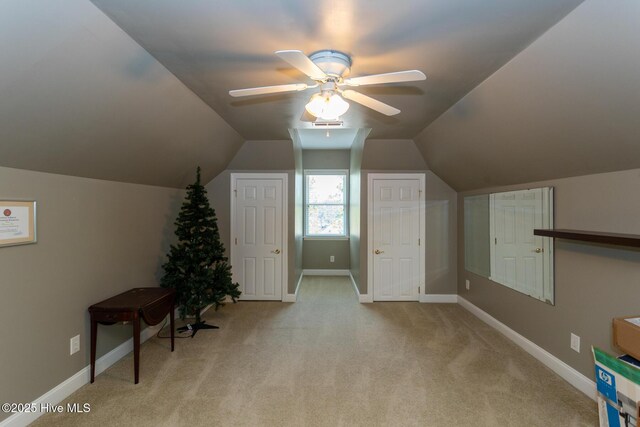 84 Deerwood Ln, Pinehurst, NC 28374 - bonus room with ceiling fan, vaulted ceiling, light carpet, and baseboards