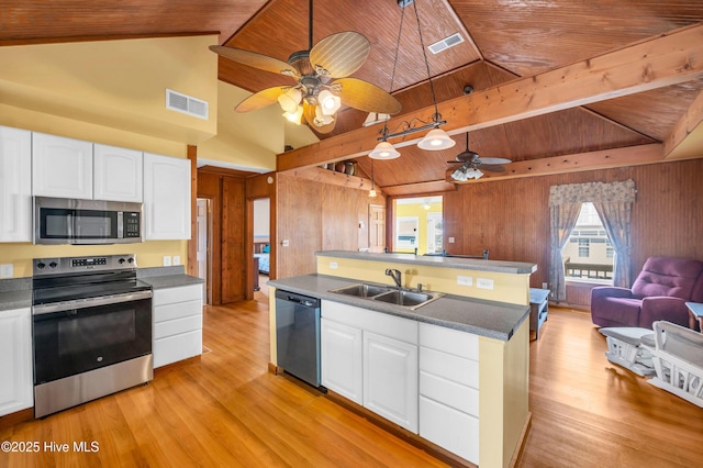kitchen with visible vents, wood walls, vaulted ceiling with beams, a sink, and appliances with stainless steel finishes