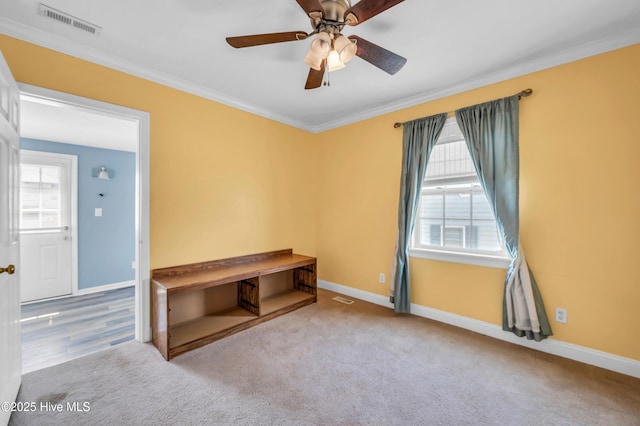 carpeted empty room with baseboards, plenty of natural light, and ornamental molding