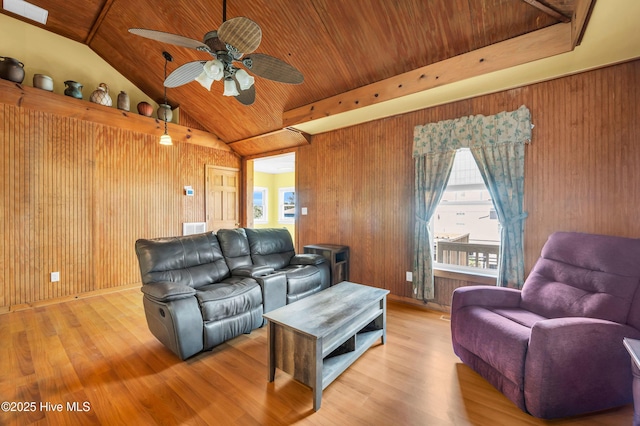 living area featuring a ceiling fan, wooden ceiling, lofted ceiling, and light wood-type flooring