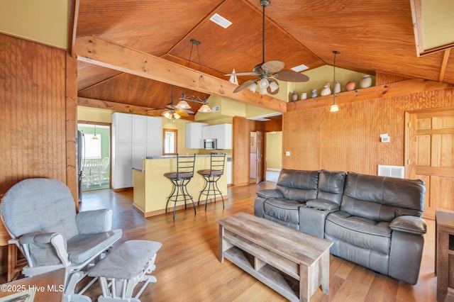 living room with wood ceiling, ceiling fan, visible vents, high vaulted ceiling, and wooden walls