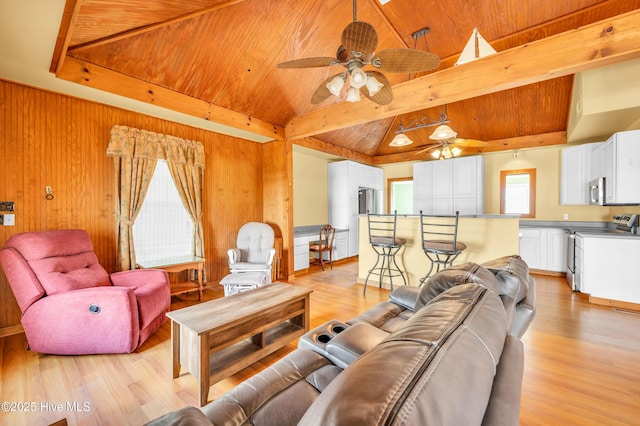 living room featuring light wood-style floors, a ceiling fan, wooden walls, and wooden ceiling