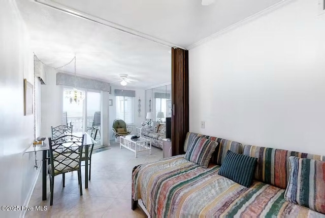 bedroom featuring crown molding, baseboards, access to outside, and ceiling fan