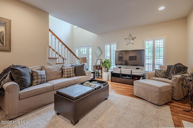 920 Diamondhead Dr S, Pinehurst, NC 28374 - living room featuring recessed lighting, light wood finished floors, and stairs