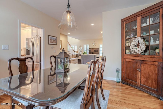 920 Diamondhead Dr S, Pinehurst, NC 28374 - dining space featuring baseboards, recessed lighting, light wood-style flooring, and stairs