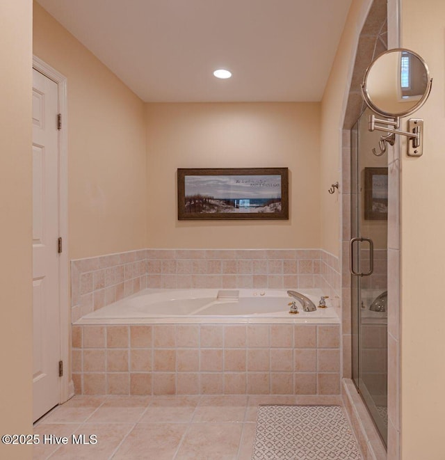 920 Diamondhead Dr S, Pinehurst, NC 28374 - bathroom featuring tile patterned floors, a stall shower, recessed lighting, and a garden tub