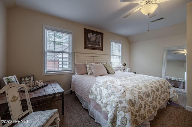 920 Diamondhead Dr S, Pinehurst, NC 28374 - carpeted bedroom with ceiling fan, visible vents, baseboards, and lofted ceiling