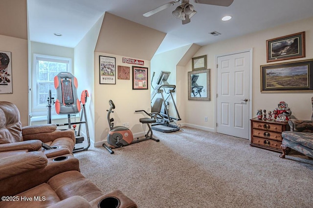 920 Diamondhead Dr S, Pinehurst, NC 28374 - exercise area with baseboards, ceiling fan, visible vents, and carpet floors