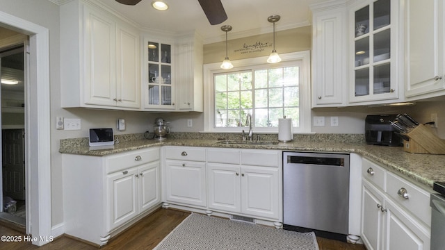 1914 Howard Ave, Tarboro, NC 27886 - kitchen with a ceiling fan, a sink, white cabinets, dark wood-style flooring, and dishwasher