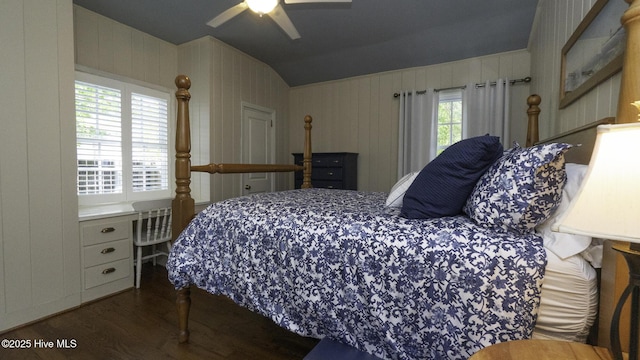 1914 Howard Ave, Tarboro, NC 27886 - bedroom featuring vaulted ceiling, dark wood-type flooring, and ceiling fan