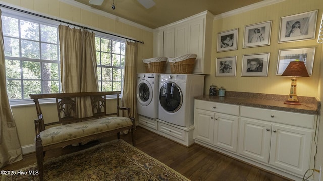 1914 Howard Ave, Tarboro, NC 27886 - washroom with cabinet space, ornamental molding, washing machine and clothes dryer, dark wood-style flooring, and ceiling fan