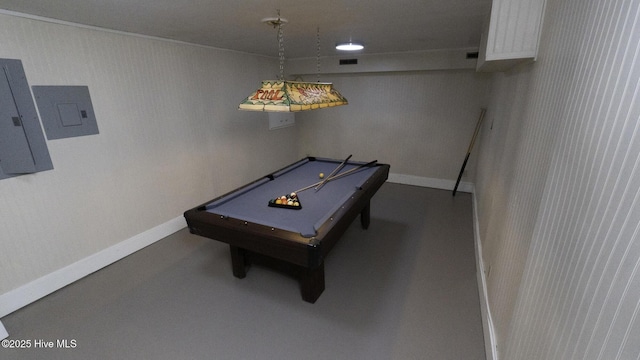 1914 Howard Ave, Tarboro, NC 27886 - rec room with baseboards, visible vents, concrete flooring, electric panel, and billiards