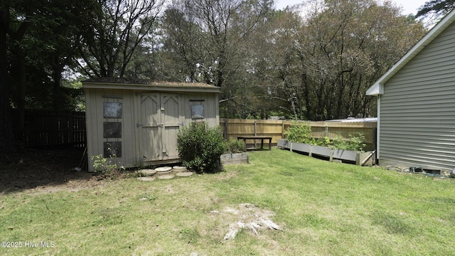 1914 Howard Ave, Tarboro, NC 27886 - view of yard with a fenced backyard, an outbuilding, a garden, and a storage shed
