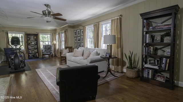1914 Howard Ave, Tarboro, NC 27886 - living area with crown molding, wood finished floors, and a ceiling fan