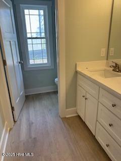 bathroom with a healthy amount of sunlight, baseboards, and wood finished floors