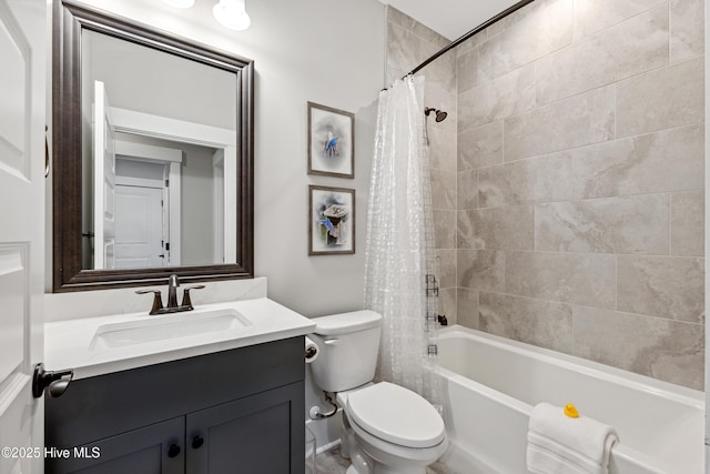 bathroom with toilet, shower / bathtub combination with curtain, and vanity