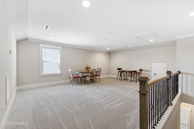 playroom with carpet floors, recessed lighting, baseboards, and visible vents