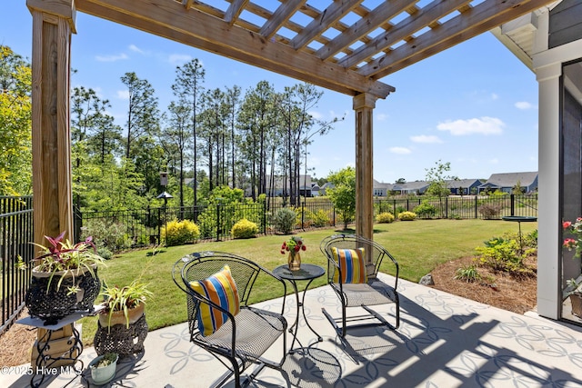 view of patio / terrace featuring a pergola and a fenced backyard