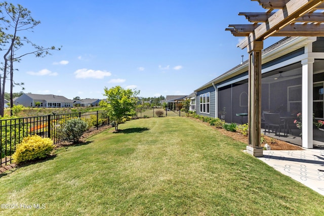 view of yard with a fenced backyard and a pergola
