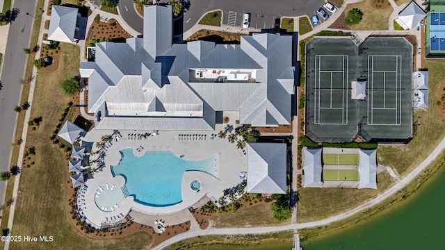 aerial view featuring a water view