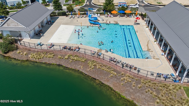 drone / aerial view with a water view