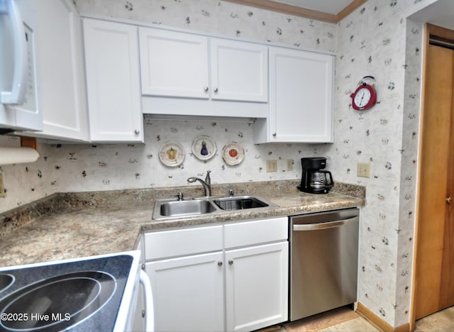 kitchen featuring white cabinets, wallpapered walls, a sink, and dishwasher