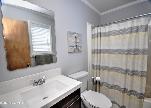 full bath with crown molding, vanity, and toilet