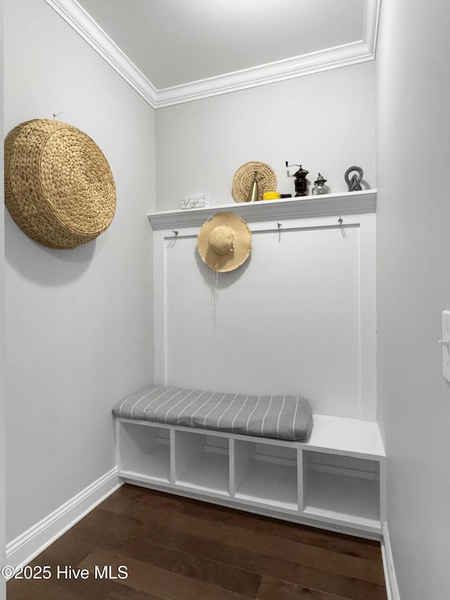 7845 Champlain Dr, Wilmington, NC 28412 - mudroom featuring baseboards, ornamental molding, and dark wood-style flooring
