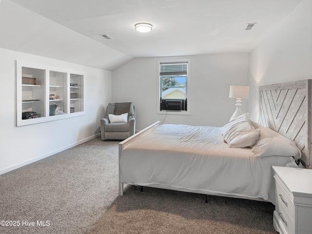 7845 Champlain Dr, Wilmington, NC 28412 - bedroom featuring carpet flooring, cooling unit, baseboards, lofted ceiling, and visible vents