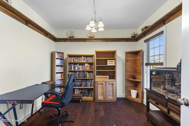 office space with baseboards, an inviting chandelier, and hardwood / wood-style floors