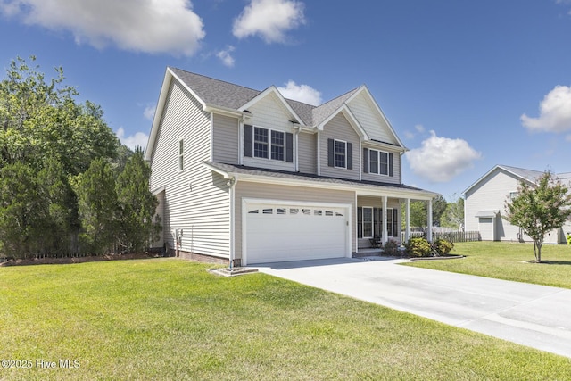 view of front of home featuring fence, driveway, a front lawn, and a garage