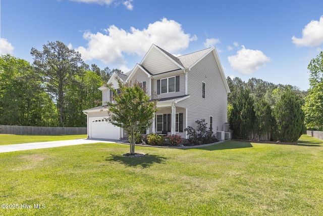 view of front of home with fence, central AC, a front lawn, covered porch, and driveway