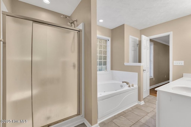 full bath with a garden tub, tile patterned flooring, a stall shower, and recessed lighting