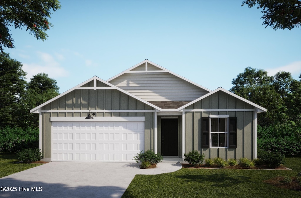view of front of property with a garage, board and batten siding, concrete driveway, and a front lawn