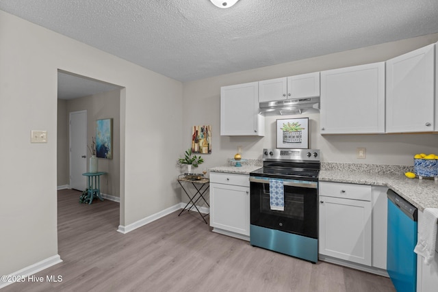 kitchen with dishwashing machine, under cabinet range hood, white cabinets, light wood-style flooring, and stainless steel electric range oven