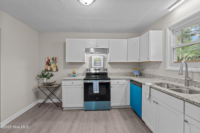 kitchen featuring stainless steel range with electric stovetop, dishwashing machine, a textured ceiling, under cabinet range hood, and a sink