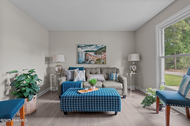 living area with baseboards and wood finished floors