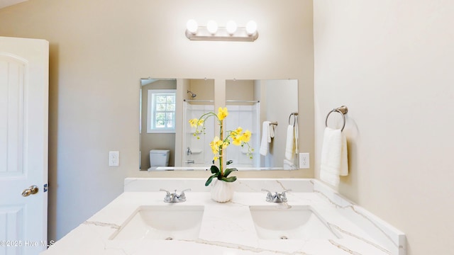 full bathroom featuring toilet, a shower, and double vanity