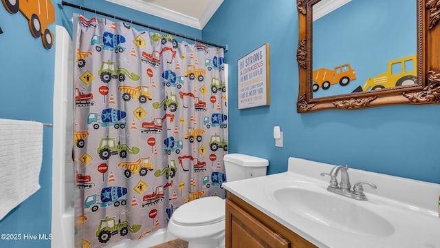 bathroom with vanity, ornamental molding, curtained shower, and toilet
