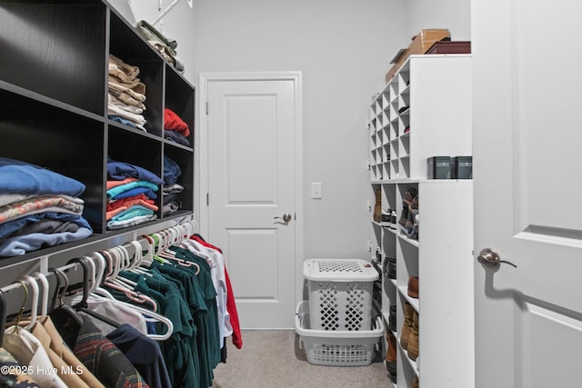 walk in closet with carpet flooring