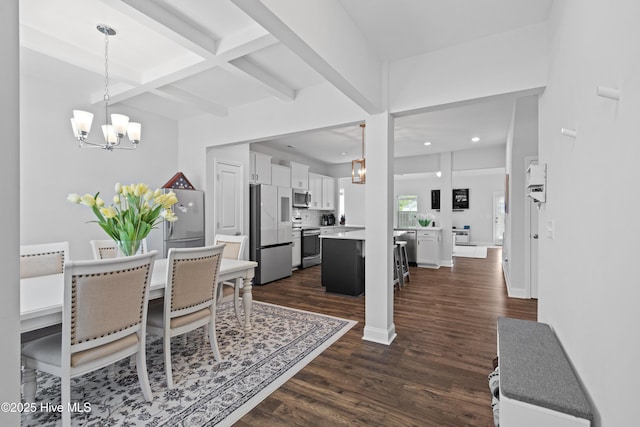 dining space with dark wood-style flooring, a notable chandelier, recessed lighting, beamed ceiling, and coffered ceiling