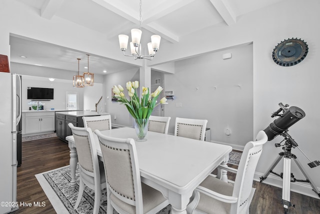 dining space with an inviting chandelier, baseboards, dark wood finished floors, and beam ceiling