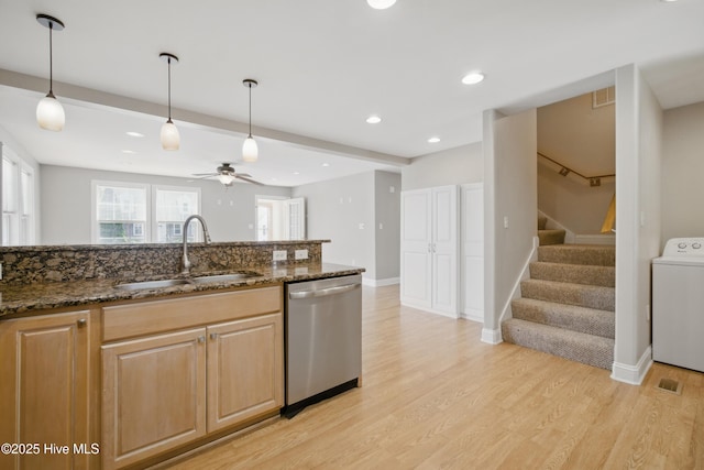 902 Hunnicutt Ave, Elizabeth City, NC 27909 - kitchen with a ceiling fan, washer / clothes dryer, dishwasher, visible vents, and a sink
